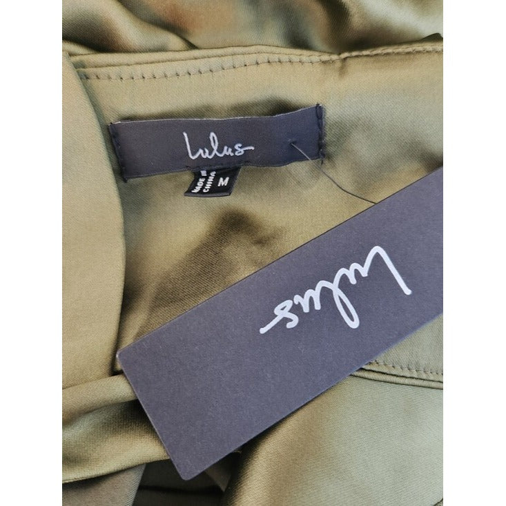 Lulus Olive Green Satin Cutout Midi Cocktail Dress Size Medium NWT Wedding Guest