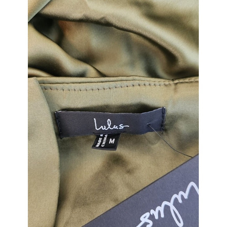 Lulus Olive Green Satin Cutout Midi Cocktail Dress Size Medium NWT Wedding Guest