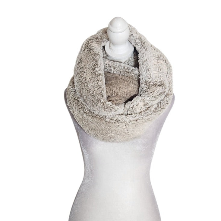Madison 88 Beige Faux Fur and Cable Knit Infinity Scarf with Metallic Pink Tone