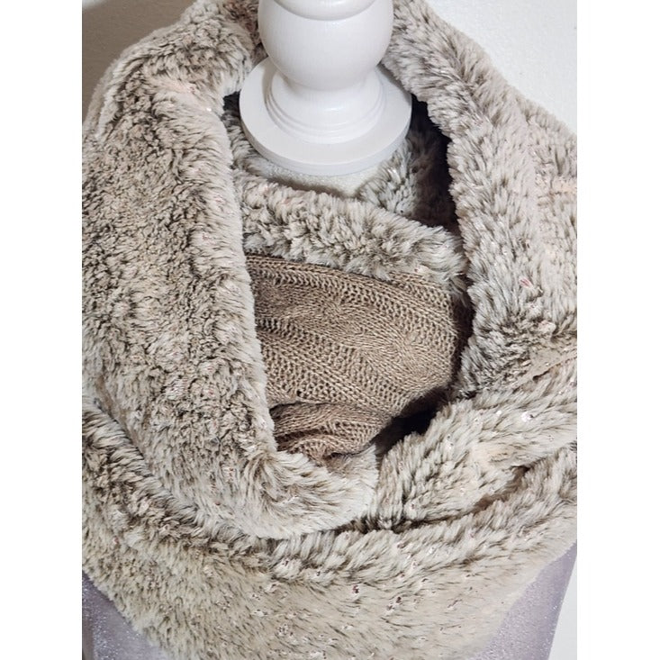 Madison 88 Beige Faux Fur and Cable Knit Infinity Scarf with Metallic Pink Tone