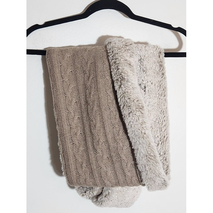 Madison 88 Beige Faux Fur and Cable Knit Infinity Scarf with Metallic Pink Tone