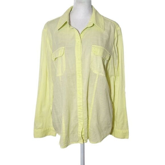 Chico's Lime Green Semi-Sheer Cotton Button-Up Blouse Size Large