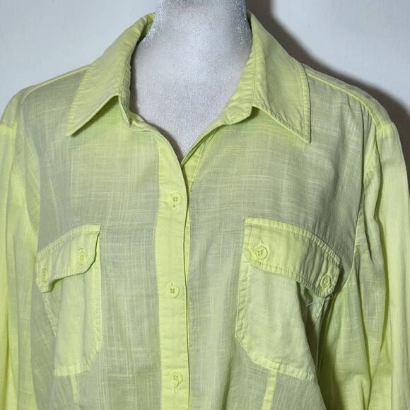 Chico's Lime Green Semi-Sheer Cotton Button-Up Blouse Size Large