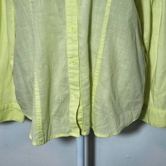 Chico's Lime Green Semi-Sheer Cotton Button-Up Blouse Size Large