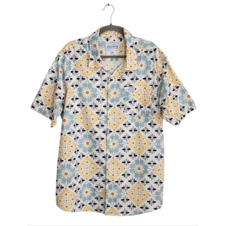 Parish Nation Blue and Yellow Medallion Print Button Up Shirt Size 2XL