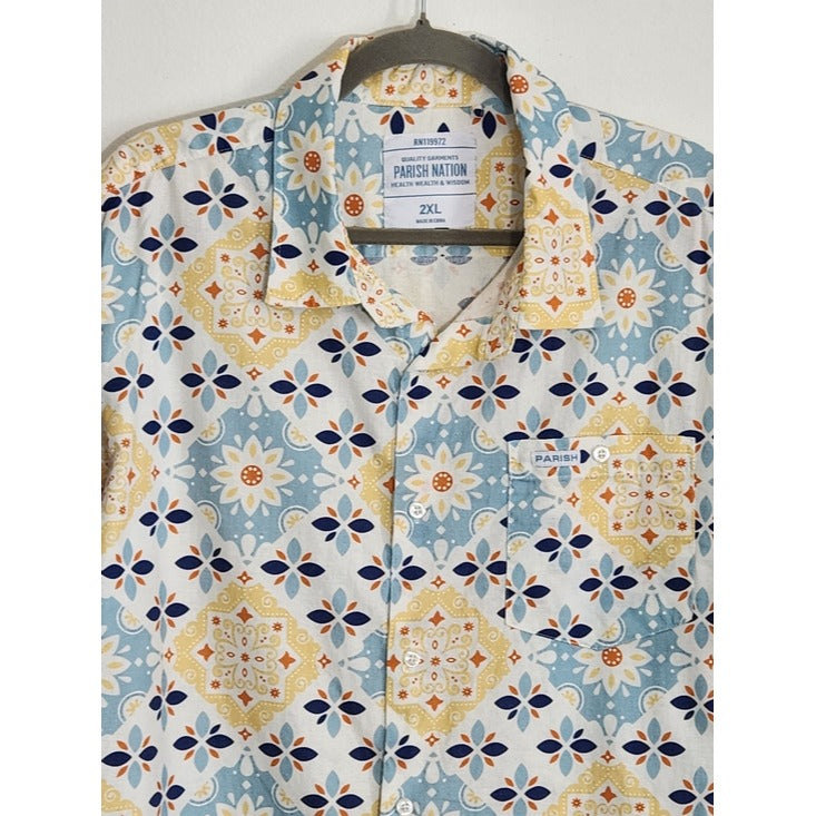 Parish Nation Blue and Yellow Medallion Print Button Up Shirt Size 2XL