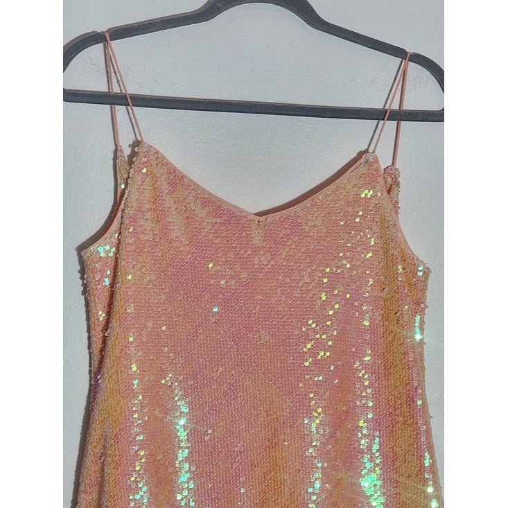 NBD Iridescent Peach Sequin Slip Dress Size Small NBD Tessellate Electric Peach