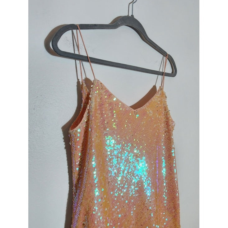 NBD Iridescent Peach Sequin Slip Dress Size Small NBD Tessellate Electric Peach
