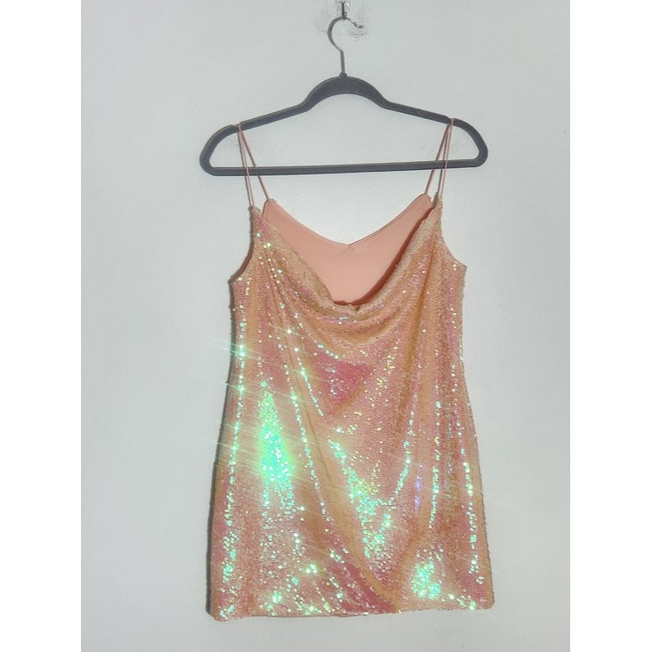 NBD Iridescent Peach Sequin Slip Dress Size Small NBD Tessellate Electric Peach