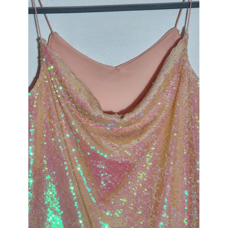NBD Iridescent Peach Sequin Slip Dress Size Small NBD Tessellate Electric Peach