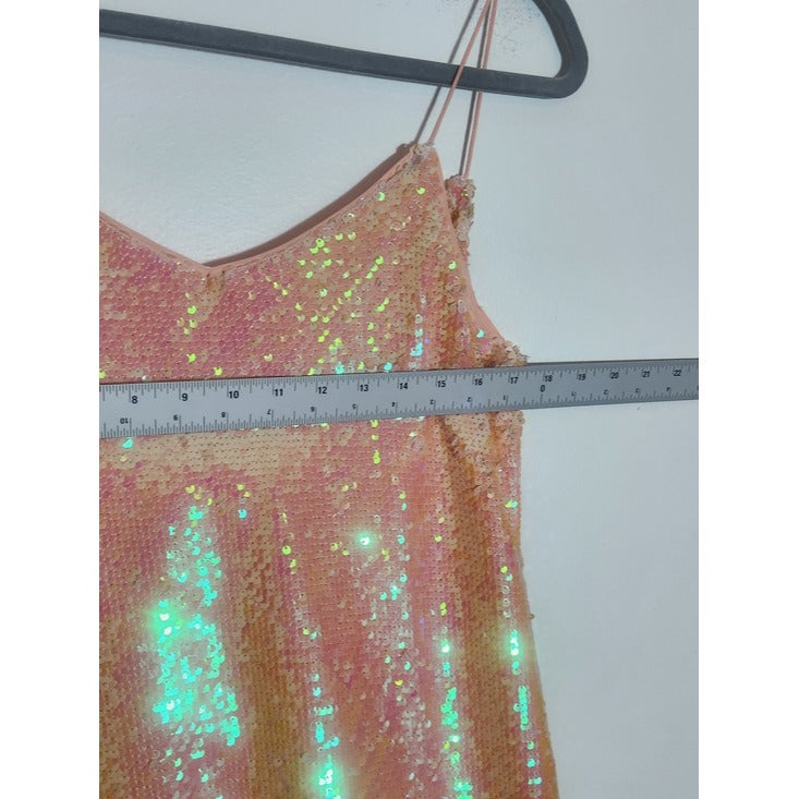 NBD Iridescent Peach Sequin Slip Dress Size Small NBD Tessellate Electric Peach