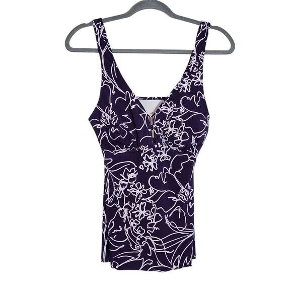 Aqua Green Purple Print Swim Tankini Top Size Medium Purple Floral Tankini Top