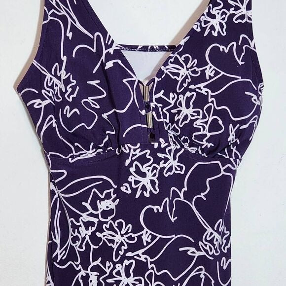Aqua Green Purple Print Swim Tankini Top Size Medium Purple Floral Tankini Top