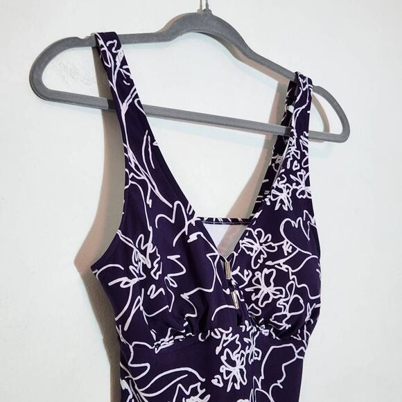 Aqua Green Purple Print Swim Tankini Top Size Medium Purple Floral Tankini Top