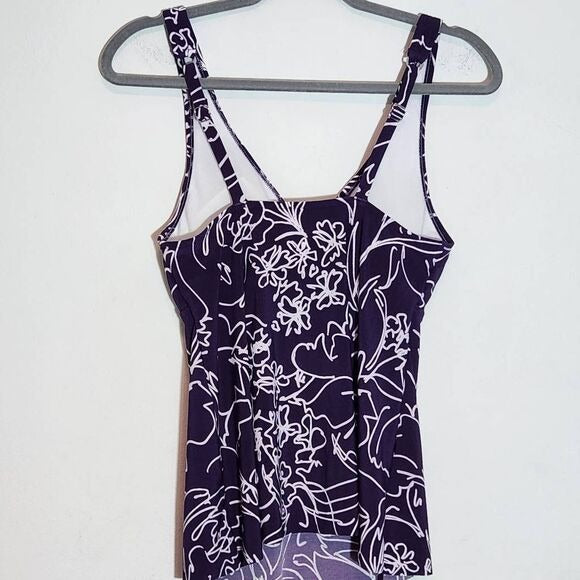 Aqua Green Purple Print Swim Tankini Top Size Medium Purple Floral Tankini Top