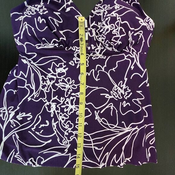 Aqua Green Purple Print Swim Tankini Top Size Medium Purple Floral Tankini Top