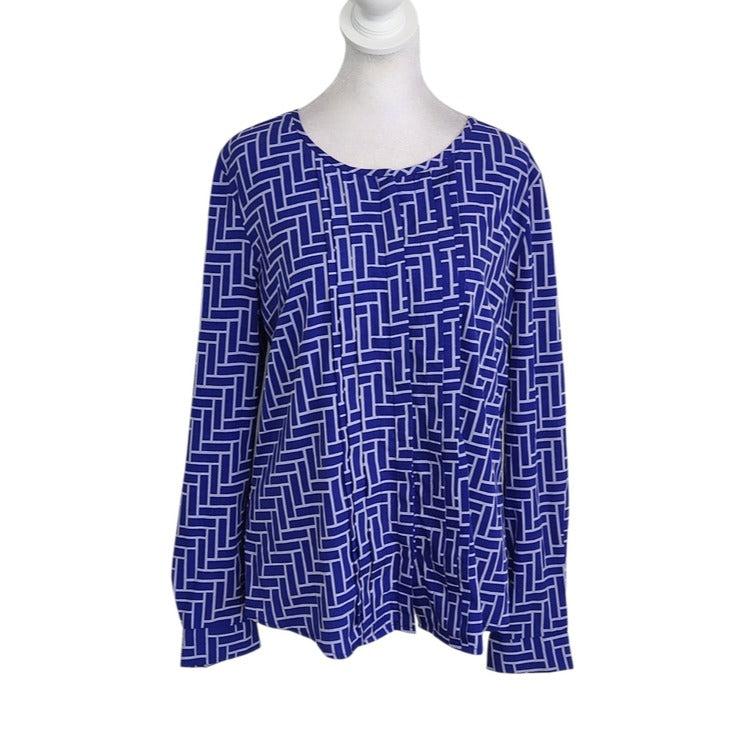 Banana Republic Blue and White Geometric Print Button-Up Top Size Medium Petite
