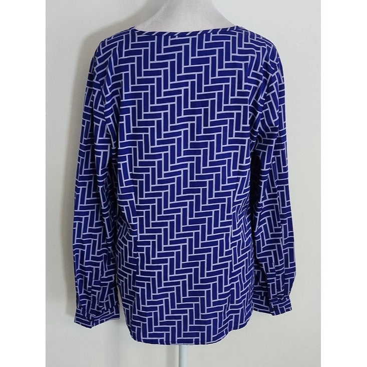 Banana Republic Blue and White Geometric Print Button-Up Top Size Medium Petite