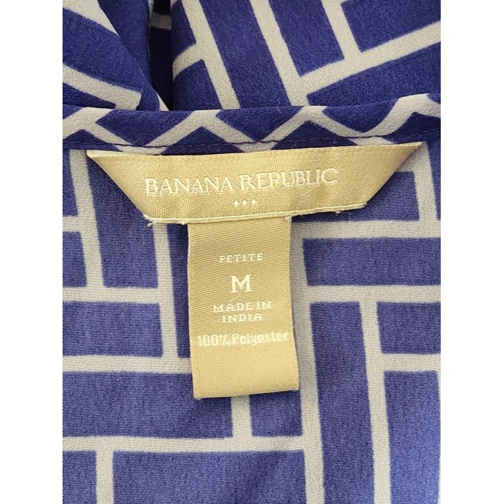 Banana Republic Blue and White Geometric Print Button-Up Top Size Medium Petite