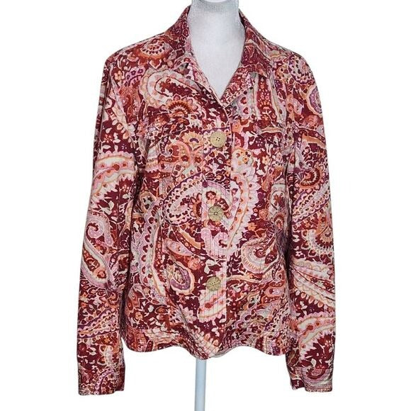 Coldwater Creek Colorful Paisley Print Cotton Jacket Size 14 Colorful Jacket