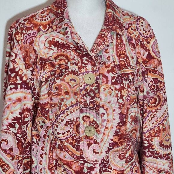 Coldwater Creek Colorful Paisley Print Cotton Jacket Size 14 Colorful Jacket