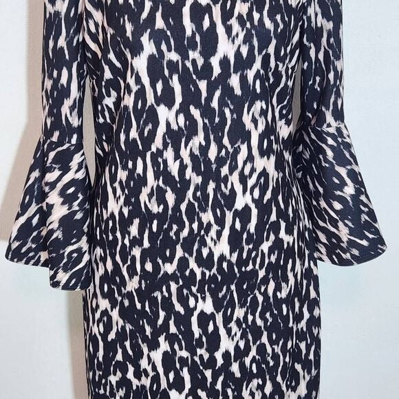 Calvin Klein Black and Cream Leopard Print Sheath Dress Size 6 Wedding Guest Dress