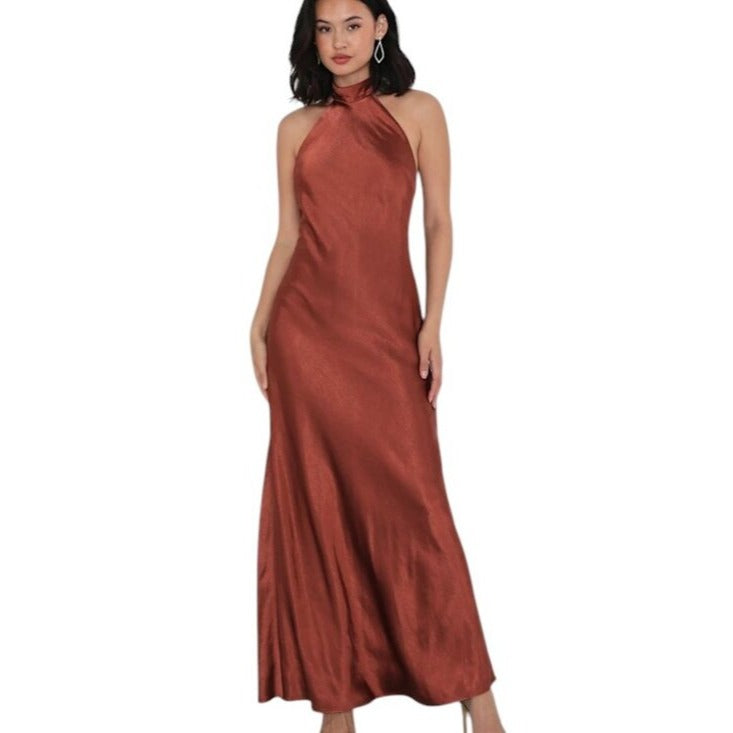 Lulus Brown Satin Halter Maxi Dress Size Medium NWT Wedding Guest Dress