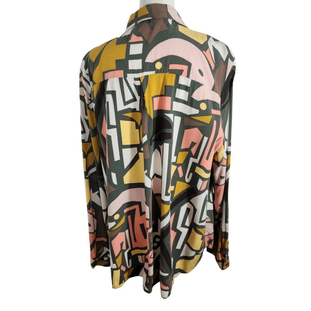 Big Dart Multi-Color Abstract Geometric Print Blouse Size 2X Colorful Retro Top