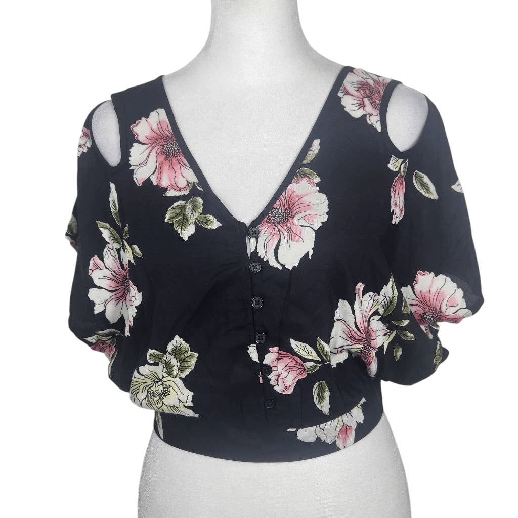 Band of Gypsies Black and Pink Floral Boho Crop Top Sz Small NWT Black Crop Top