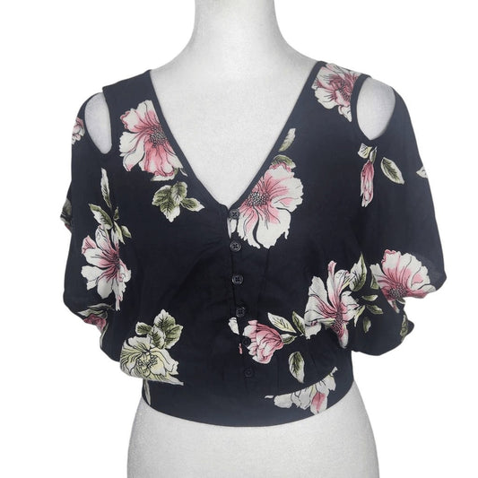Band of Gypsies Black and Pink Floral Boho Crop Top Sz Small NWT Black Crop Top