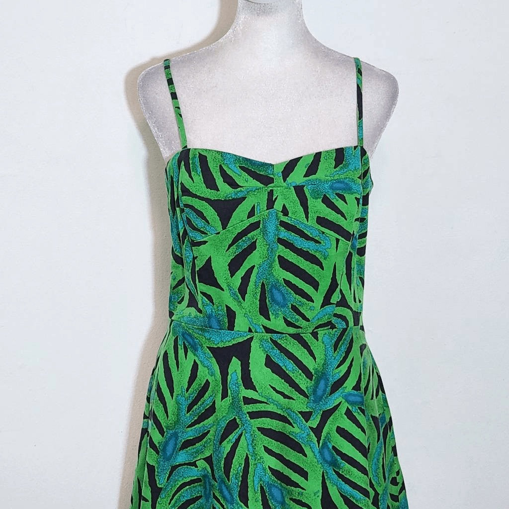 Donna Morgan Green and Black Tropical Print Fit and Flare Midi Dress Size 10