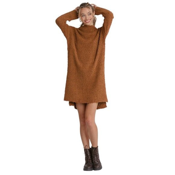 Umgee Long Sleeve Mini Brown Sweater Dress Size Small NWT