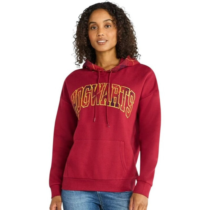 Harry Potter Burgundy Hogwarts Hoodie with Plaid Accents Size Large