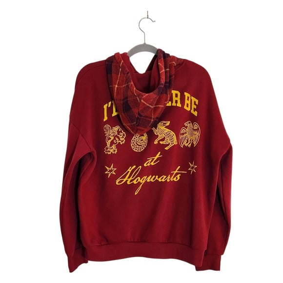 Harry Potter Burgundy Hogwarts Hoodie with Plaid Accents Size Large