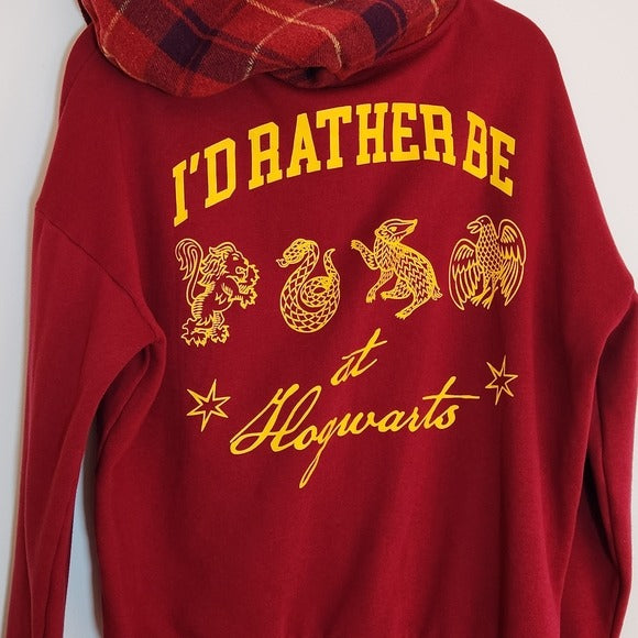 Harry Potter Burgundy Hogwarts Hoodie with Plaid Accents Size Large