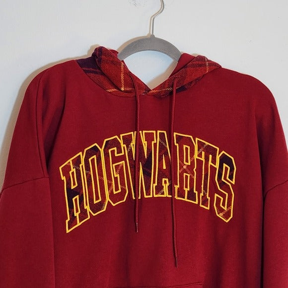 Harry Potter Burgundy Hogwarts Hoodie with Plaid Accents Size Large