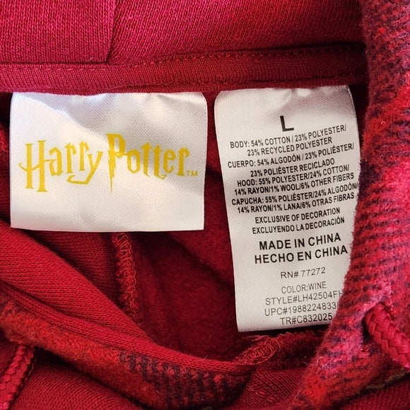 Harry Potter Burgundy Hogwarts Hoodie with Plaid Accents Size Large