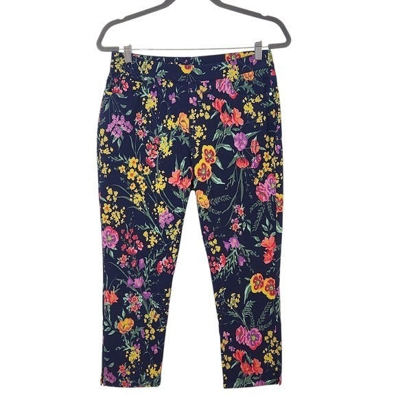 Susan Graver Navy Floral Cropped Pants Sz 8 Petite Navy Floral Pull-on Pants