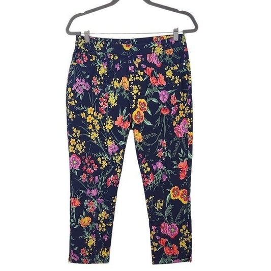 Susan Graver Navy Floral Cropped Pants Sz 8 Petite Navy Floral Pull-on Pants