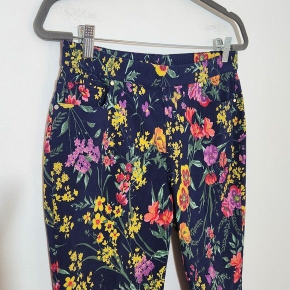 Susan Graver Navy Floral Cropped Pants Sz 8 Petite Navy Floral Pull-on Pants