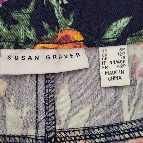 Susan Graver Navy Floral Cropped Pants Sz 8 Petite Navy Floral Pull-on Pants