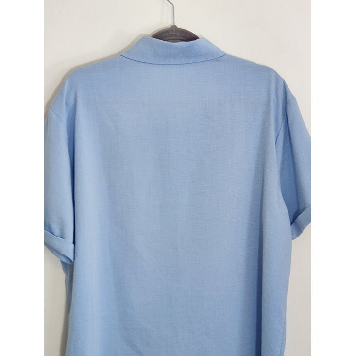 COOFANDY Light Blue Linen Blend Short Sleeve Button Down Shirt Size XL