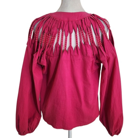 Self Contrast Hot Pink Boho Beaded Blouse Size XS
