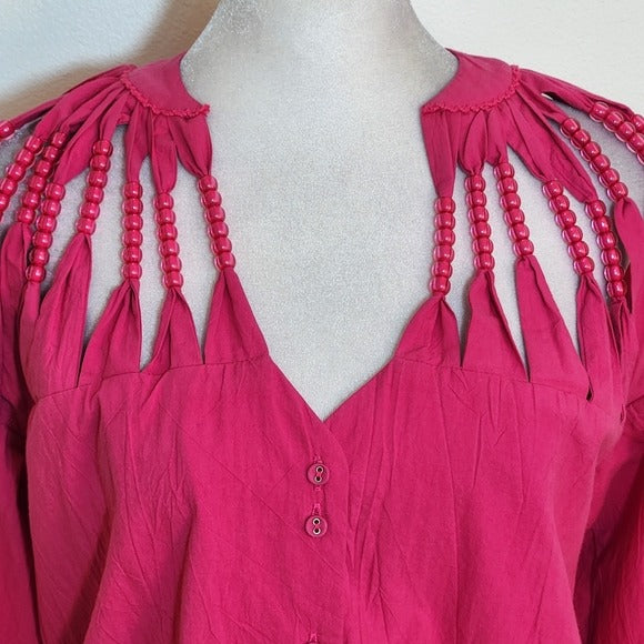 Self Contrast Hot Pink Boho Beaded Blouse Size XS