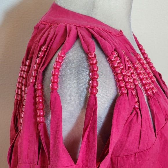 Self Contrast Hot Pink Boho Beaded Blouse Size XS