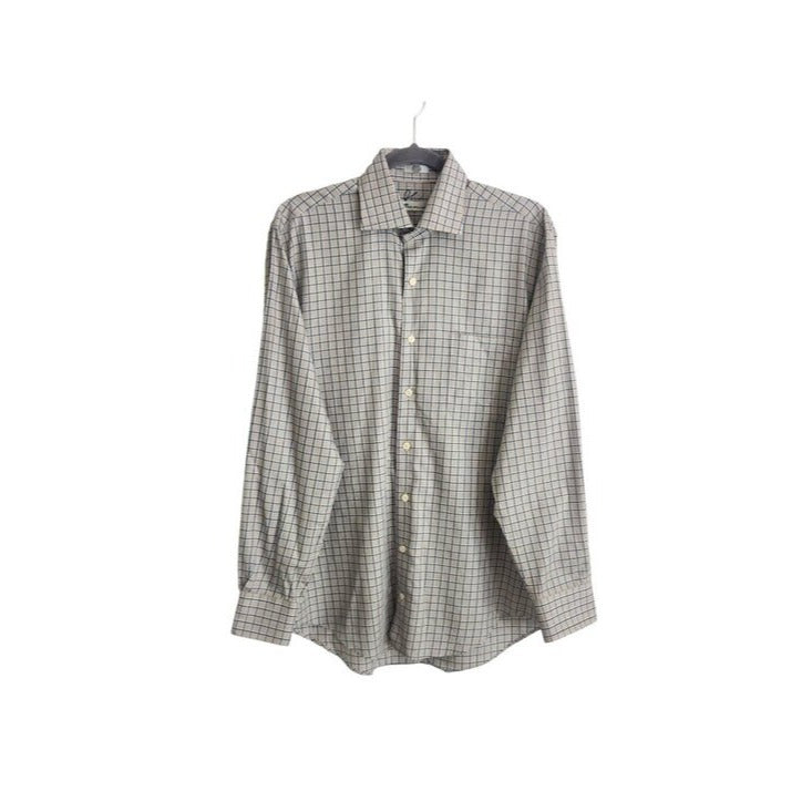 Peter Millar Tan and Blue Plaid Cotton Button Up Shirt Size Medium