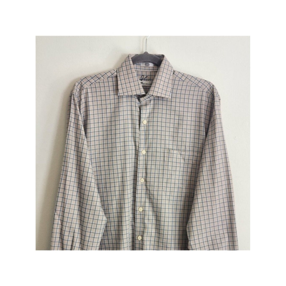 Peter Millar Tan and Blue Plaid Cotton Button Up Shirt Size Medium