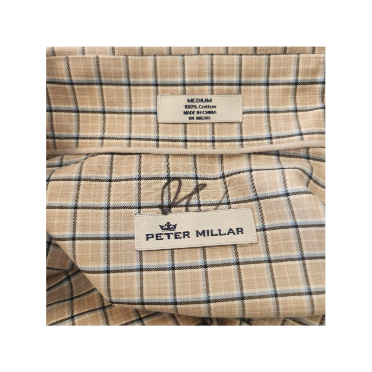 Peter Millar Tan and Blue Plaid Cotton Button Up Shirt Size Medium