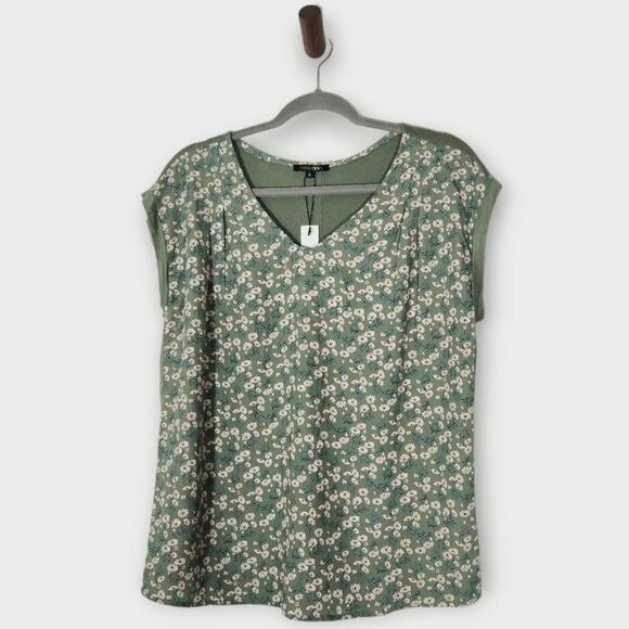 Papermoon Green Floral Print Blouse with Cap Sleeves NWT Size Small