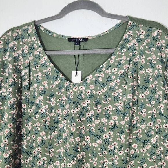 Papermoon Green Floral Print Blouse with Cap Sleeves NWT Size Small
